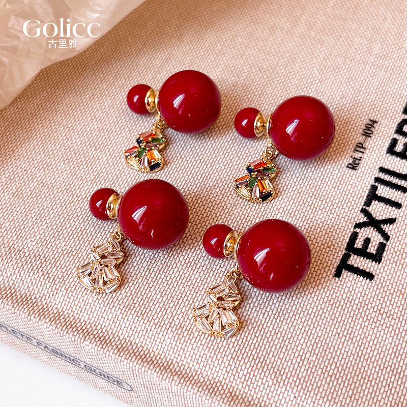 红色双面大小珍珠葫芦耳坠耳环女高级感新年耳钉适合冬天的耳饰品