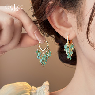 2026新款爆款水晶流苏耳环女独特绿色耳钉轻奢高级感气质大气耳饰