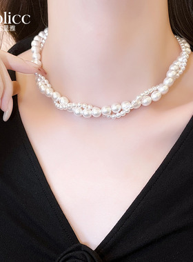 施家珍珠双层叠戴素链项链高级感