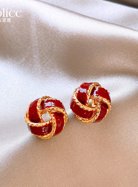 红色喜庆2026过新年同心结耳钉女复古轻奢高级感耳环气质大气耳饰
