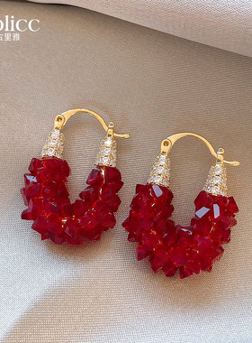 红色复古水晶耳环女2025新款爆款高级感轻奢耳钉适合冬天的耳饰品