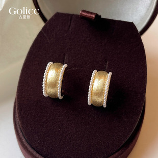 金色宽面拉丝珍珠圈圈耳环女独特漂亮耳饰2026新款耳钉高级感耳圈