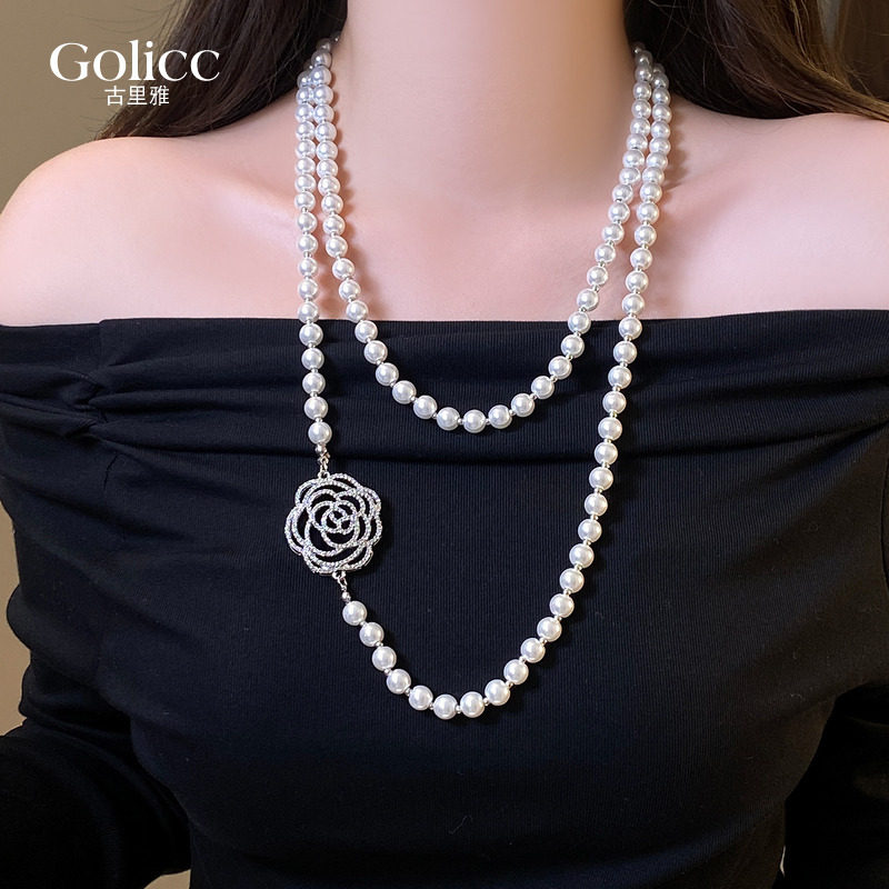 双层叠戴满钻黑色山茶花珍珠长款项链女轻奢高级感气质大气毛衣链