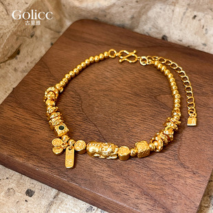 古法沙金色貔貅铜钱手串女轻奢小众精致手链旺财2025新款 手饰叠戴