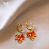 云旗同款 红色满钻枫叶耳环女超火耳钉独特漂亮2026马年本命年耳饰