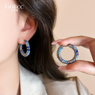 民族风蓝色圈圈耳环女设计感小众精致气质耳圈耳扣适合圆脸的耳饰