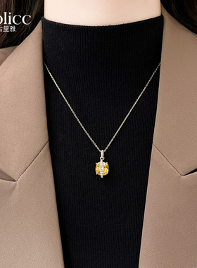 黄色单颗方糖锆石吊坠项链高级感