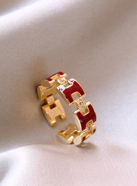 珐琅红色H字母戒指女轻奢高级感中古食指指环巨好看小众设计手饰
