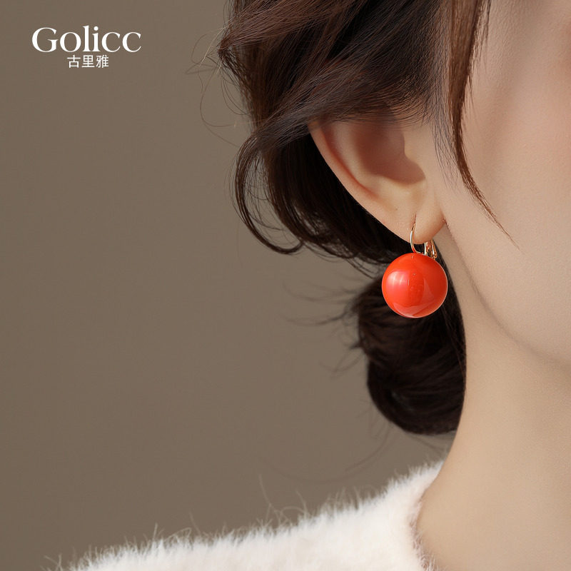 橙红色珍珠耳扣耳环高级感耳饰