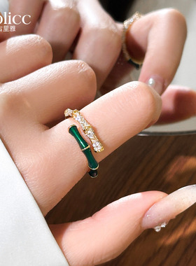 绿色竹节锆石食指戒指高级感小众