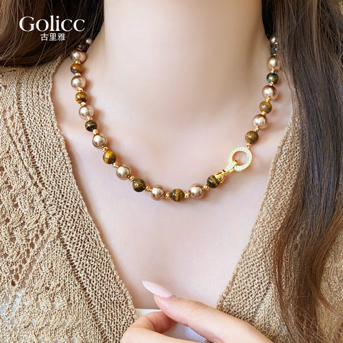 美拉德虎眼石珍珠项链毛衣链饰品