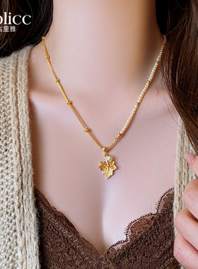 金色珍珠串水晶枫叶项链轻奢小众