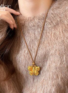 珐琅彩花丝蝴蝶沙金项链配饰女长款吊坠高级感轻奢小众毛衣链饰品