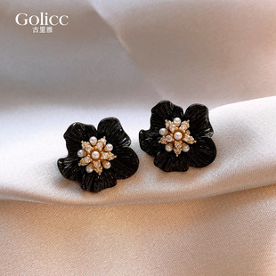黑色锆石珍珠花朵耳环女轻奢高级感耳钉独特漂亮耳饰2026新款爆款