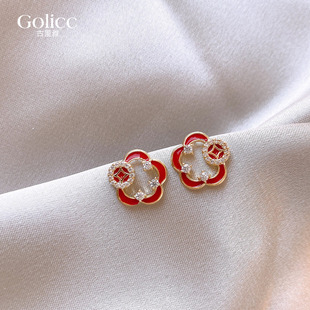 红色镂空微镶钱币花朵耳钉女精致小巧耳饰高级感轻奢耳环睡觉免摘