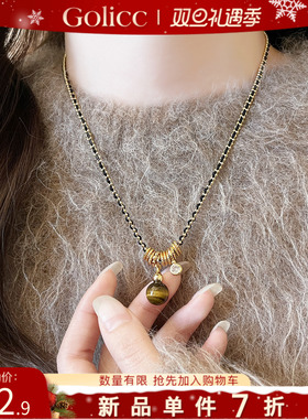 金色虎眼石串珠编织绳葫芦项链