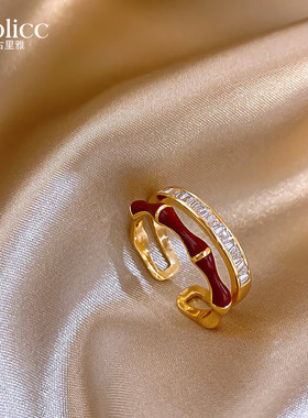 小众双层锆石红色竹节开口戒指女可调节偏财尾戒复古夸张中古指环