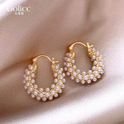 金色U形珍珠耳环气质独特耳饰