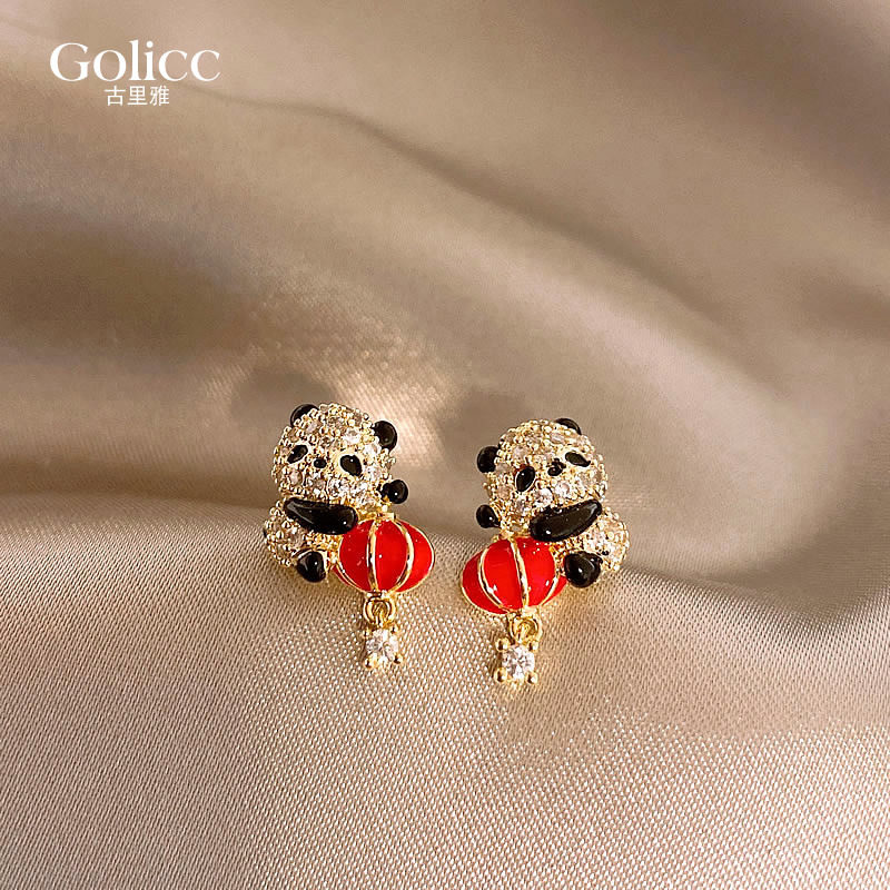 小熊猫红色滴釉灯笼耳钉小众耳饰
