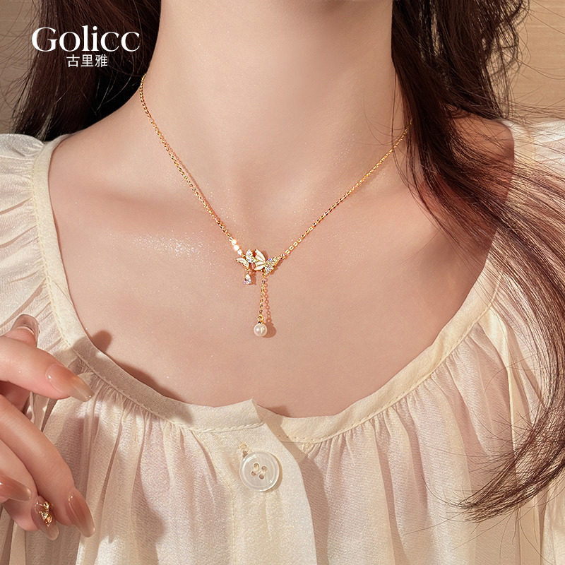 金色滴釉微镶蝴蝶吊坠项链配饰