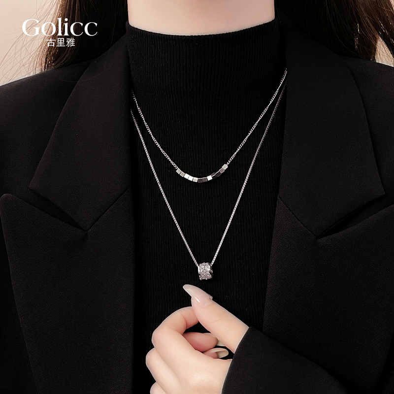 银色锆石双层小蛮腰方块串珠项链