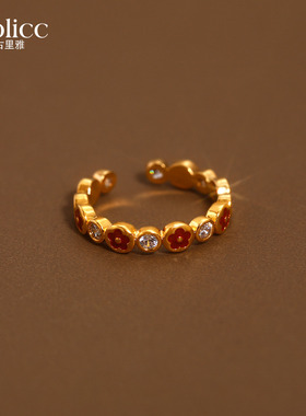 金色锆石花朵开口戒指高级感指环