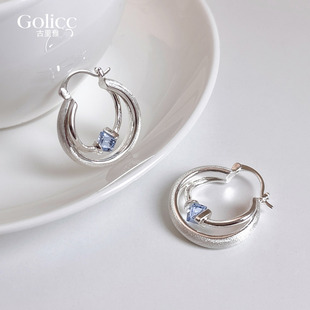 古里雅银色双层拉丝耳圈耳环女轻奢高级感气质大气耳饰方圆脸耳钉