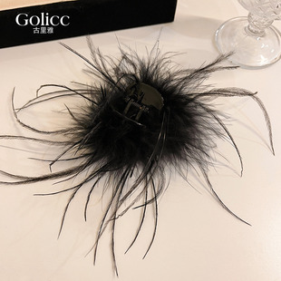 小号羽毛抓夹女高级感洋气时尚鸵鸟毛半扎发夹2025新款后脑勺头饰