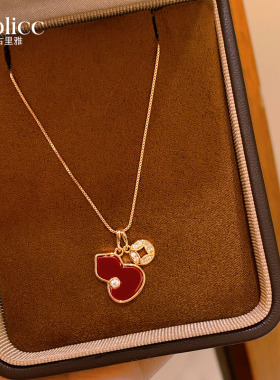 红色葫芦金色锆石钱币吊坠项链