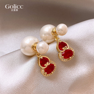 双面大小珍珠红色锆石葫芦耳环女轻奢高级感耳钉新年耳饰漂亮独特