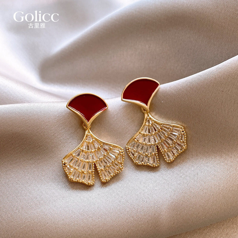 红色锆石银杏叶耳环高级感耳饰