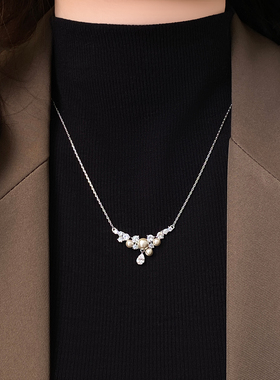 银色锆石珍珠毛衣链项链高级感