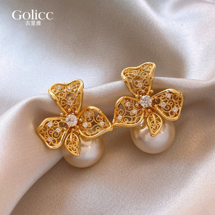 金色微镶花朵珍珠耳环女高级感轻奢新年耳钉适合冬天的耳饰品气质