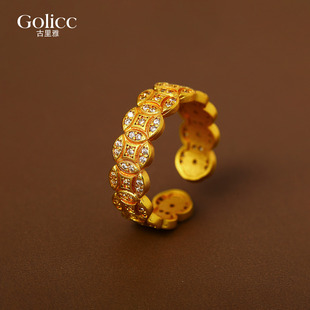 新中式铜钱币满钻开口戒指女2026新款爆款轻奢高级感沙金食指指环