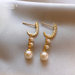 金色锆石C圈珍珠耳坠耳环女高级感轻奢耳饰适合冬天的耳钉巨好看