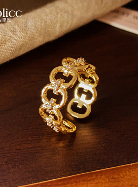 金色锆石圆环开口戒指巨好看