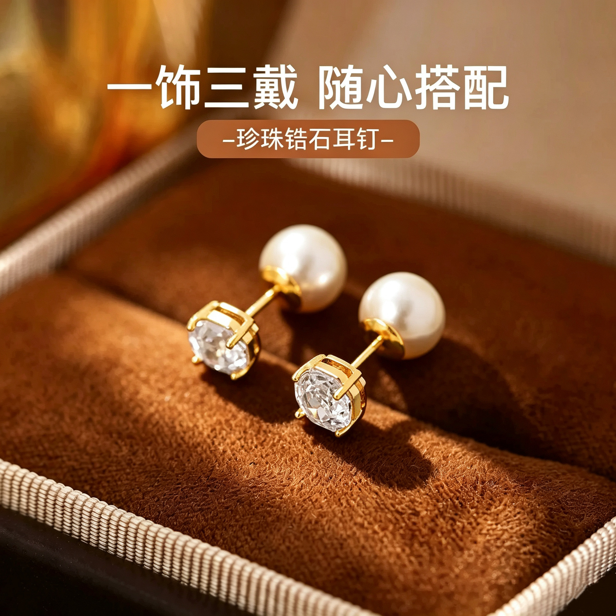 双面金色玫瑰切珍珠耳钉高级感