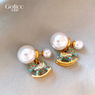 马年珐琅珍珠小马耳钉女轻奢高级感气质大气耳环2026巨好看耳饰品