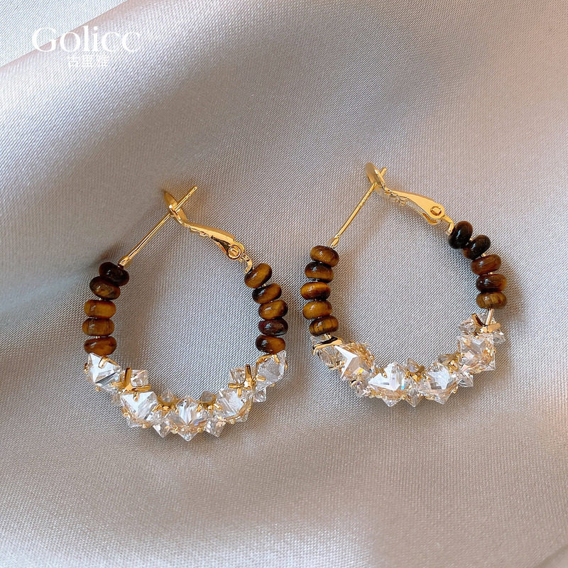 不规则锆石虎眼石串珠圈圈耳环