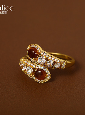 美拉德虎眼石蛇形开口戒指女轻奢高级感金色锆石指环2026新款爆款