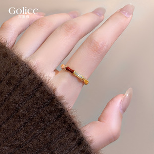 镶钻竹节安可拉红拼接滴釉戒指女小众食指环2025新款爆款尾戒小指