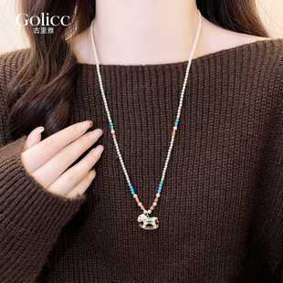 珐琅彩小马吊坠珍珠串珠长项链女款2026新款高级感轻奢小众毛衣链