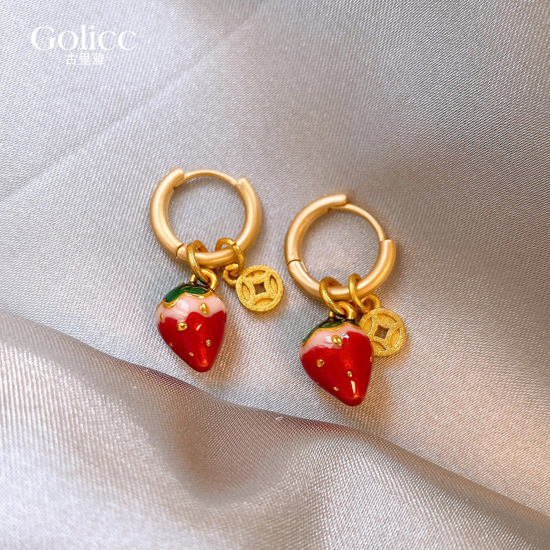 红色草莓沙金钱币耳扣耳环高级感