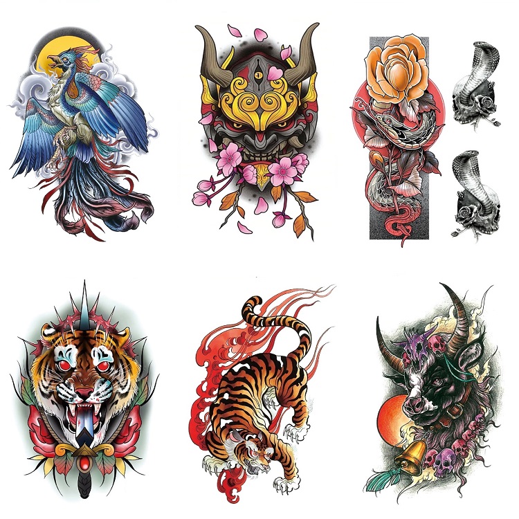 日式浮世绘凤凰下山虎彩色图案纹身贴防水男持久花臂水转印TATTOO