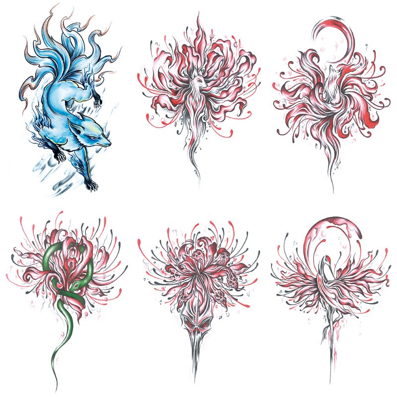 新款蓝色九尾狐红色彼岸花性感手臂大腿遮痕大图纹身贴防水女持久