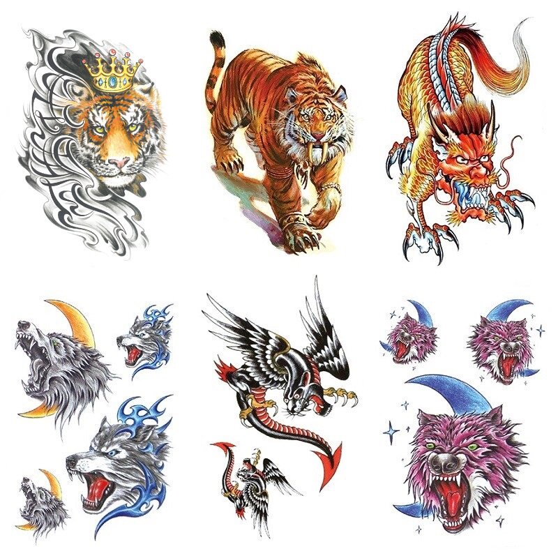 下山虎狼头彩色中国动物传统图腾男款个性仿真刺青纹身贴防水贴纸