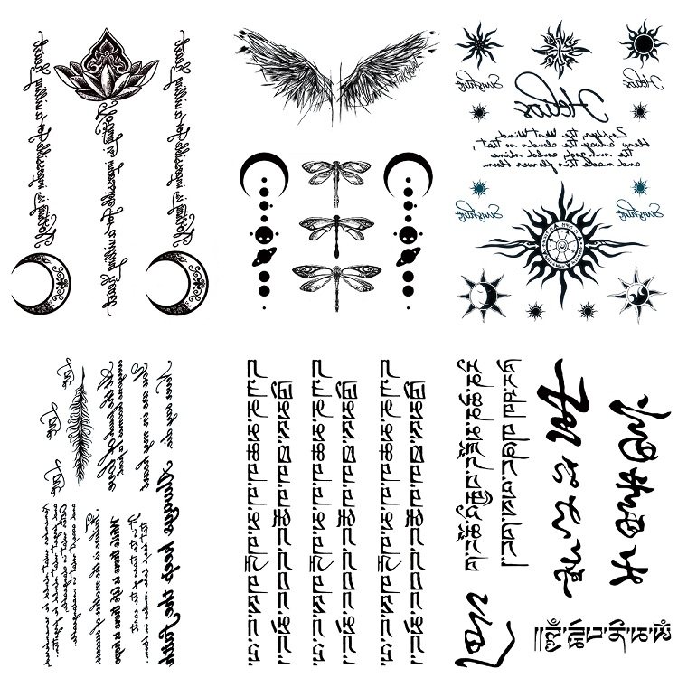 梵花蜻蜓花体英文长条星月性感锁骨后背纹身贴防水男女持久仿真画