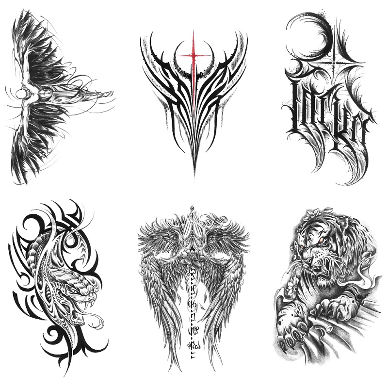 天使翅膀图腾线条一次性纹身贴男仿真水转印半臂小腿临时彩绘贴画