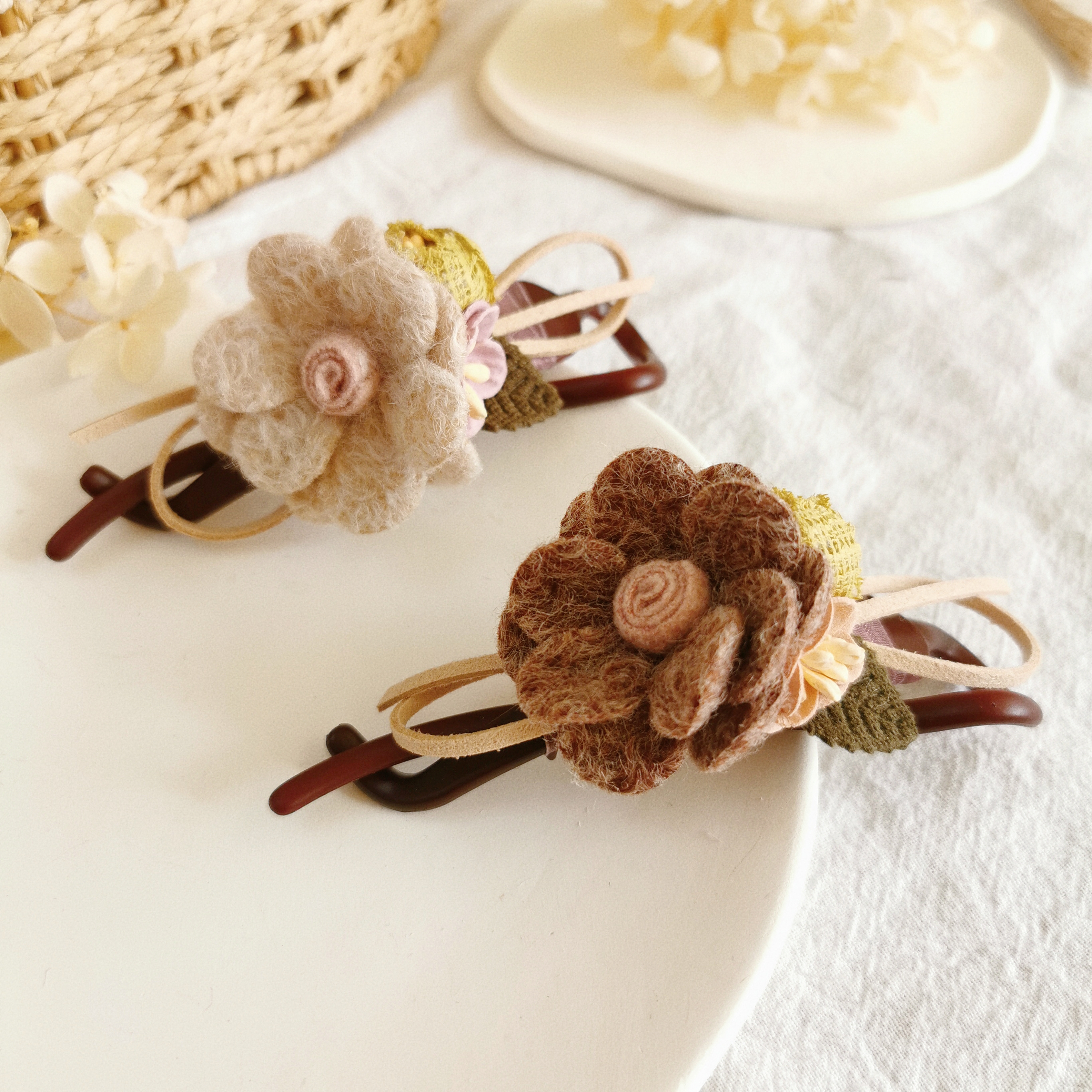 原创山茶花发夹盘发扭扭夹后脑勺发卡发量多夹子八字夹美拉德头饰