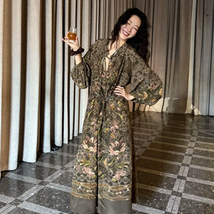 2025秋设计师印花抽绳连衣裙长裙波西米亚度假